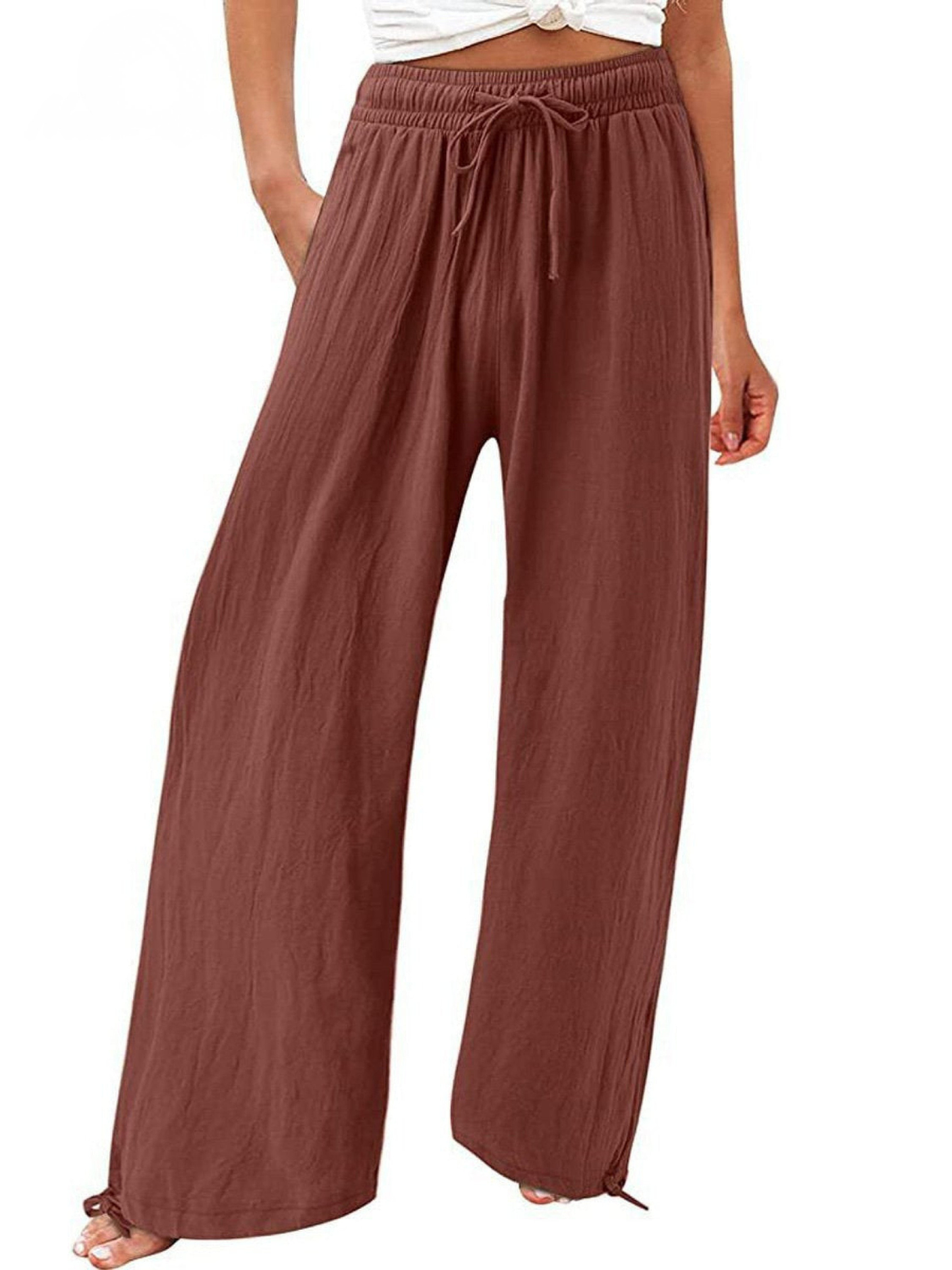 Women's Linen Wide Leg Trousers High Waisted Drawstring Pants