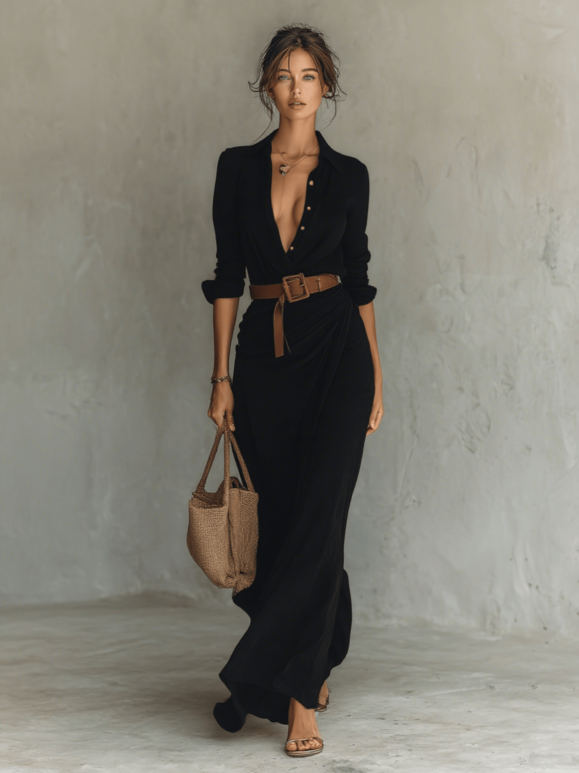 Allison - Lapel Belted Long Dress