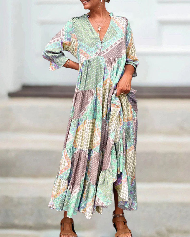 Robe Femme Maxi Imprimé Patchwork Coupe Ample Col V Manches 3/4