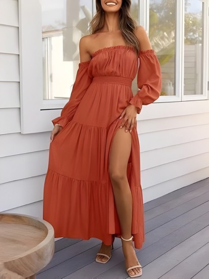 Robe longue bohème à épaules dénudées pour femme – Robe d'été trapèze fendue et à volants