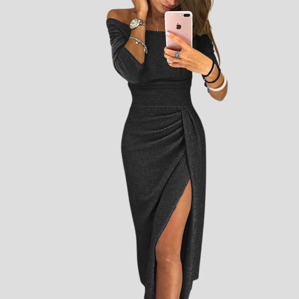 Sienna | Women’s Off-Shoulder Glitter Midi Evening Dress