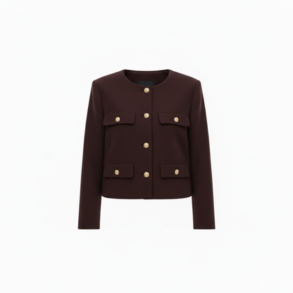 Veste en Polyester à Col Rond avec Boutons Dorés et Poches pour Femme