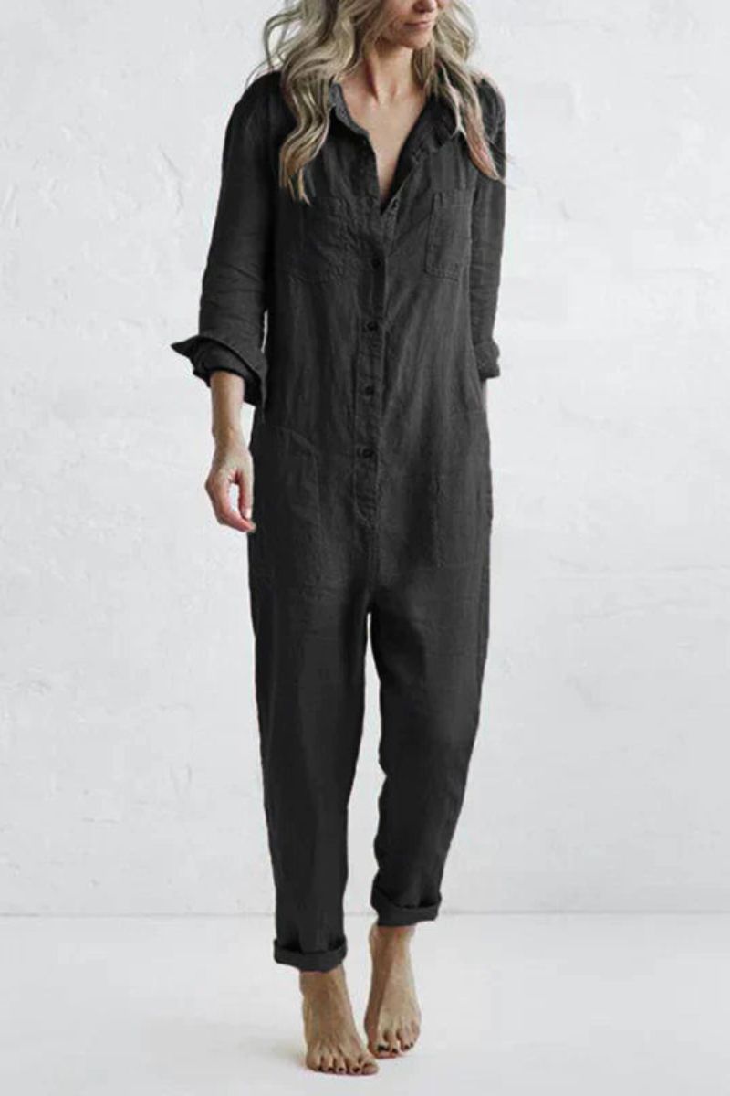 Audrey Casual Langærmet Button Up Jumpsuit | Flatterende pasform med brystlomme | Perfekt til både afslappede og elegante lejligheder