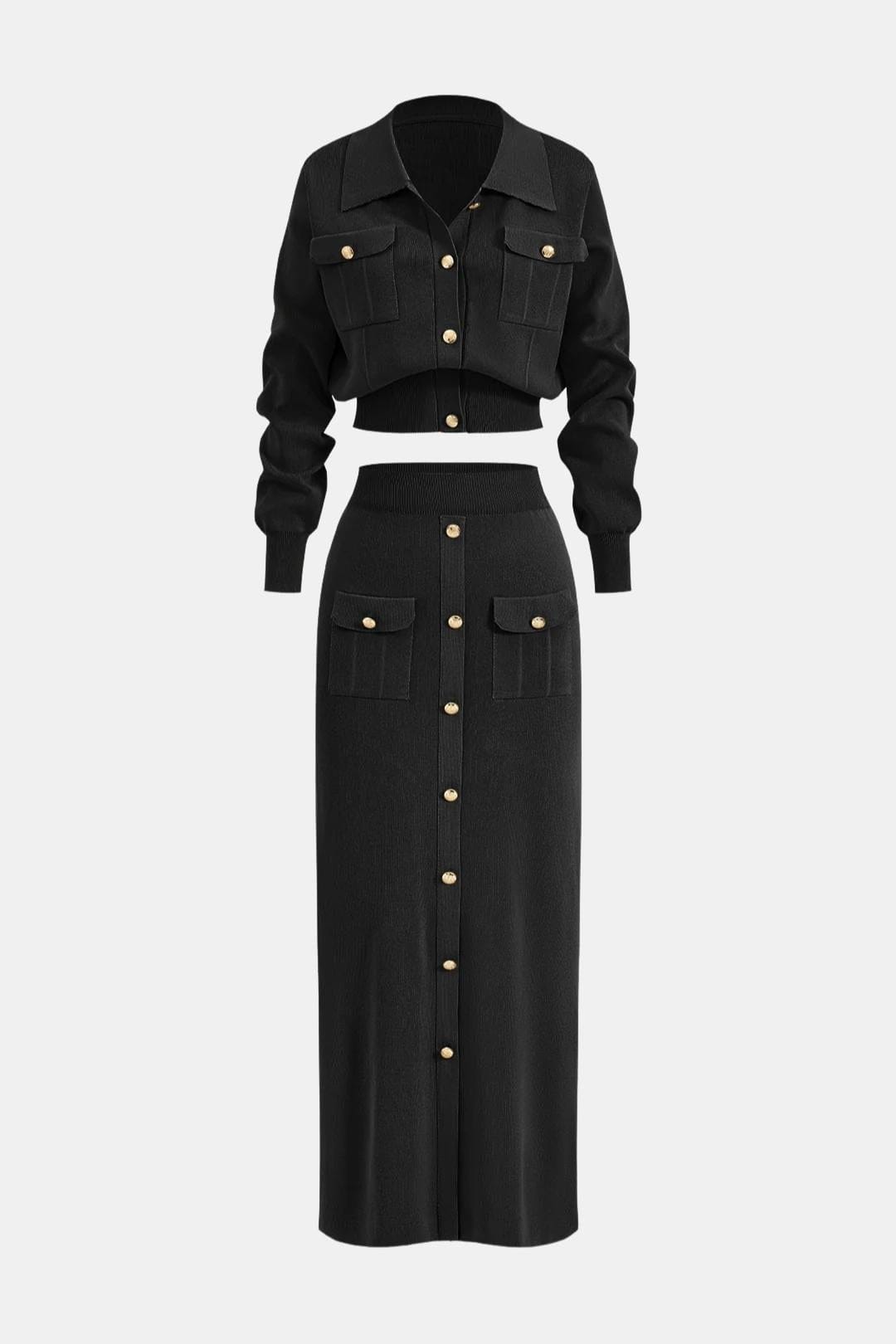 Briella – Cropped Knit Button-Up Top & Maxi Skirt Set