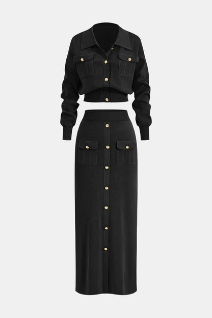 Briella – Cropped Knit Button-Up Top & Maxi Skirt Set
