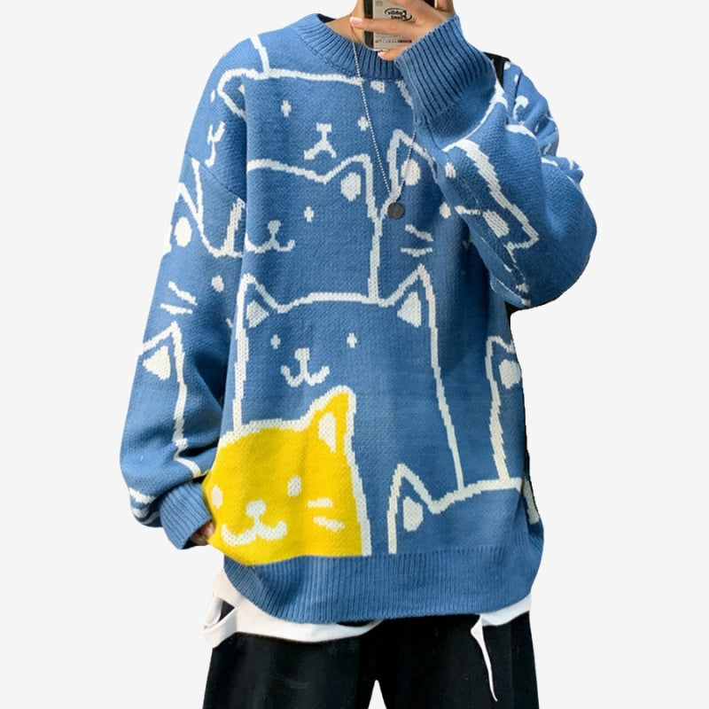 Jasper – Long Sleeve Cat Print Sweater With Round Neck