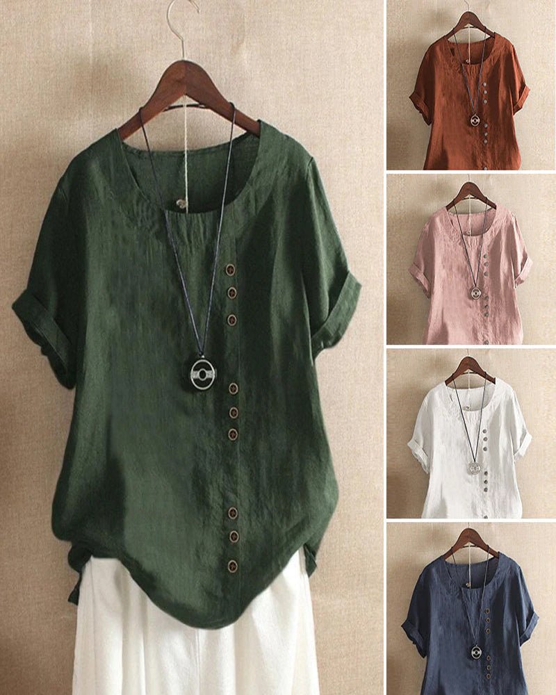Women's Button Front Crew Neck Short Sleeve Casual Top