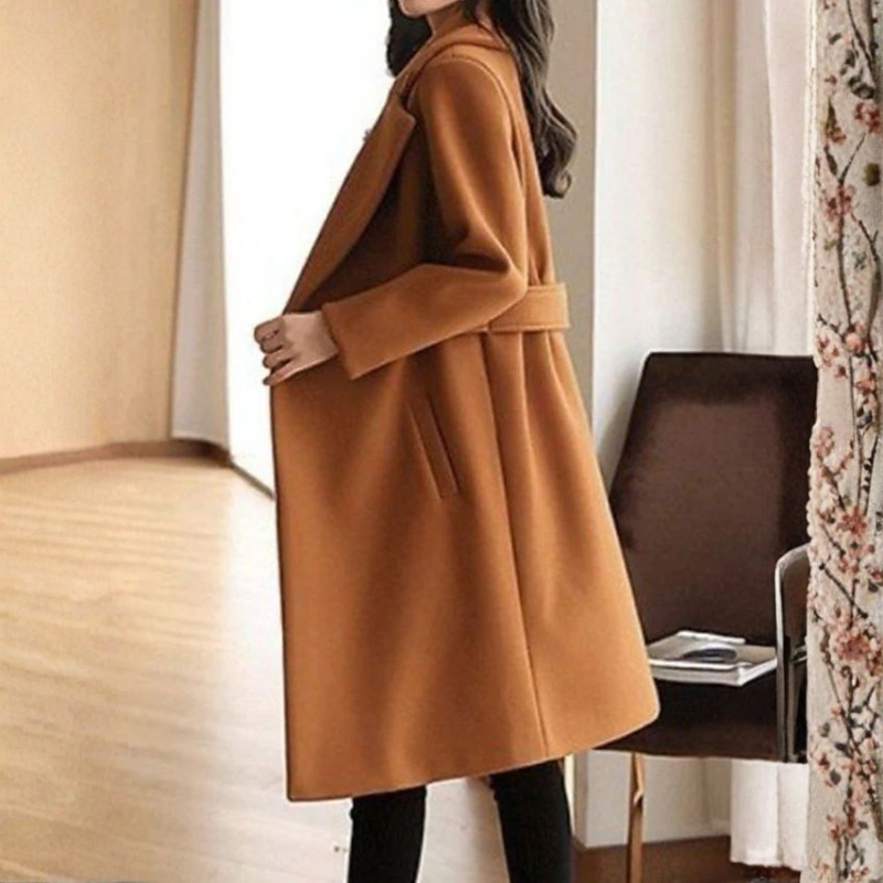 Faith - Long Sleeve Long Coat with Belted Waist and Side Pockets