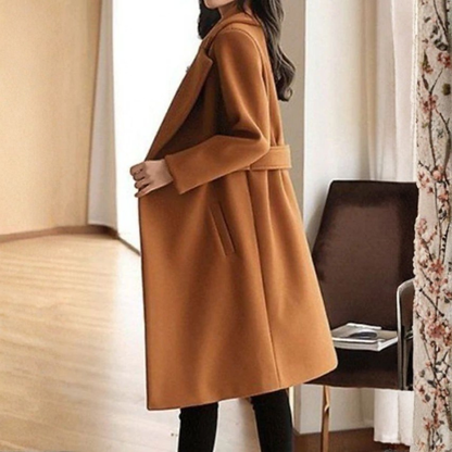 Faith - Long Sleeve Long Coat with Belted Waist and Side Pockets