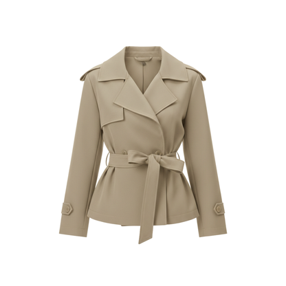 Trench-Coat Court en Polyester avec Ceinture et Col à Revers pour Femme