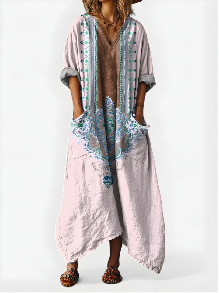 Women’s Linen Kaftan Boho Maxi Dress Floral Embroidered V Neck Relaxed Tunic