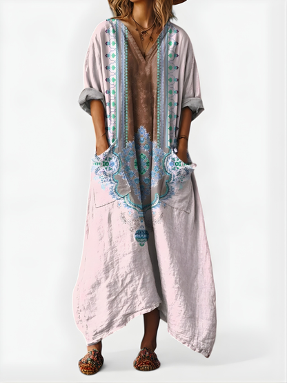 Women’s Linen Kaftan Boho Maxi Dress Floral Embroidered V Neck Relaxed Tunic