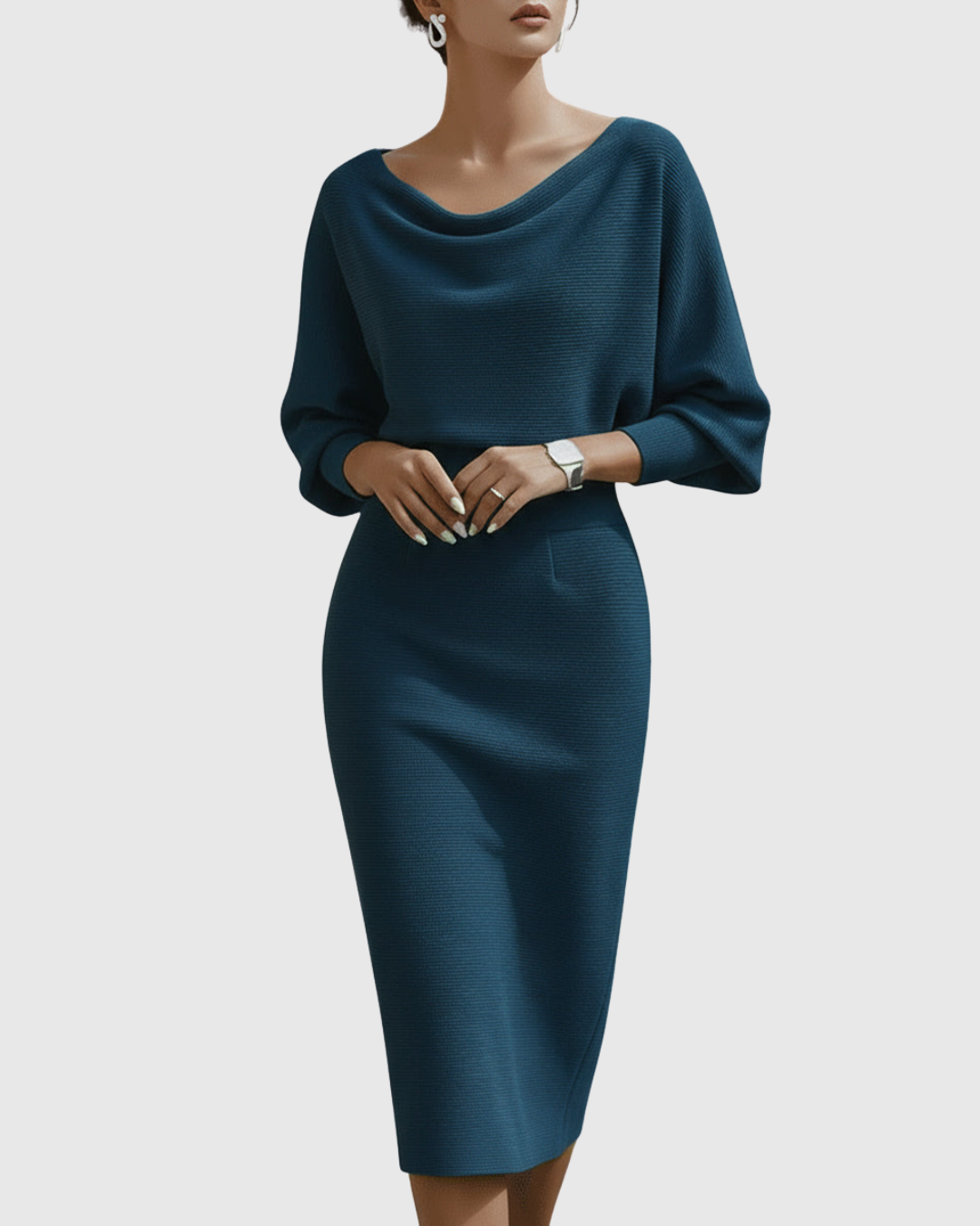 Women's Cowl Neck Batwing Sleeve Ribbed Midi Dress