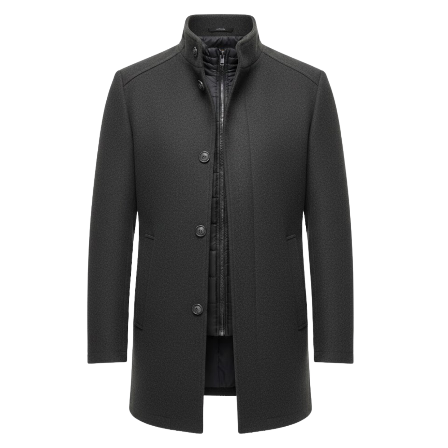 Manteau long en laine à col montant et double boutonnage
