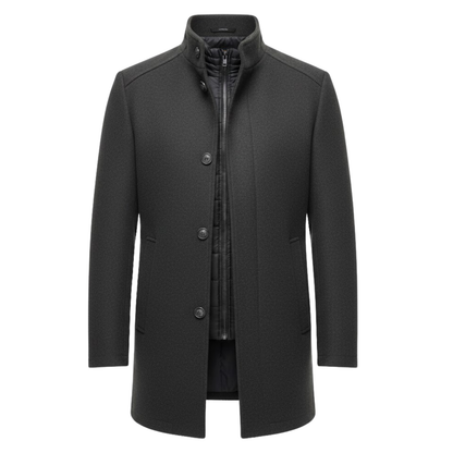 Manteau long en laine à col montant et double boutonnage