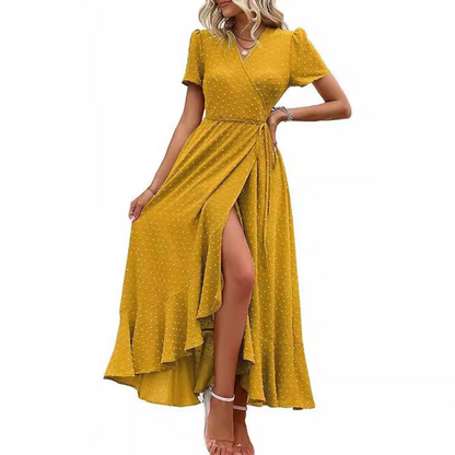 MARJORIE - Cozy Summer Wrap Ruffle Hem Split Maxi Dress