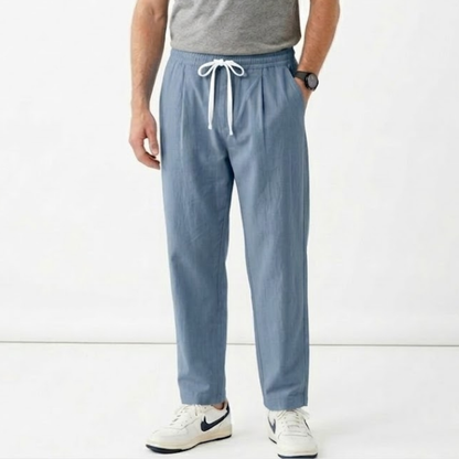Pantalon Homme en Coton et Lin Coupe Large avec Taille Élastique et Cordon