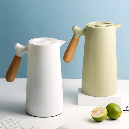 Geïsoleerde Karaf 1 Liter Houten Handvat Dubbelwandig Koffiekaraf Thermos Scandinavisch Design Groen Wit Zwart Rood Bruin | Restfield