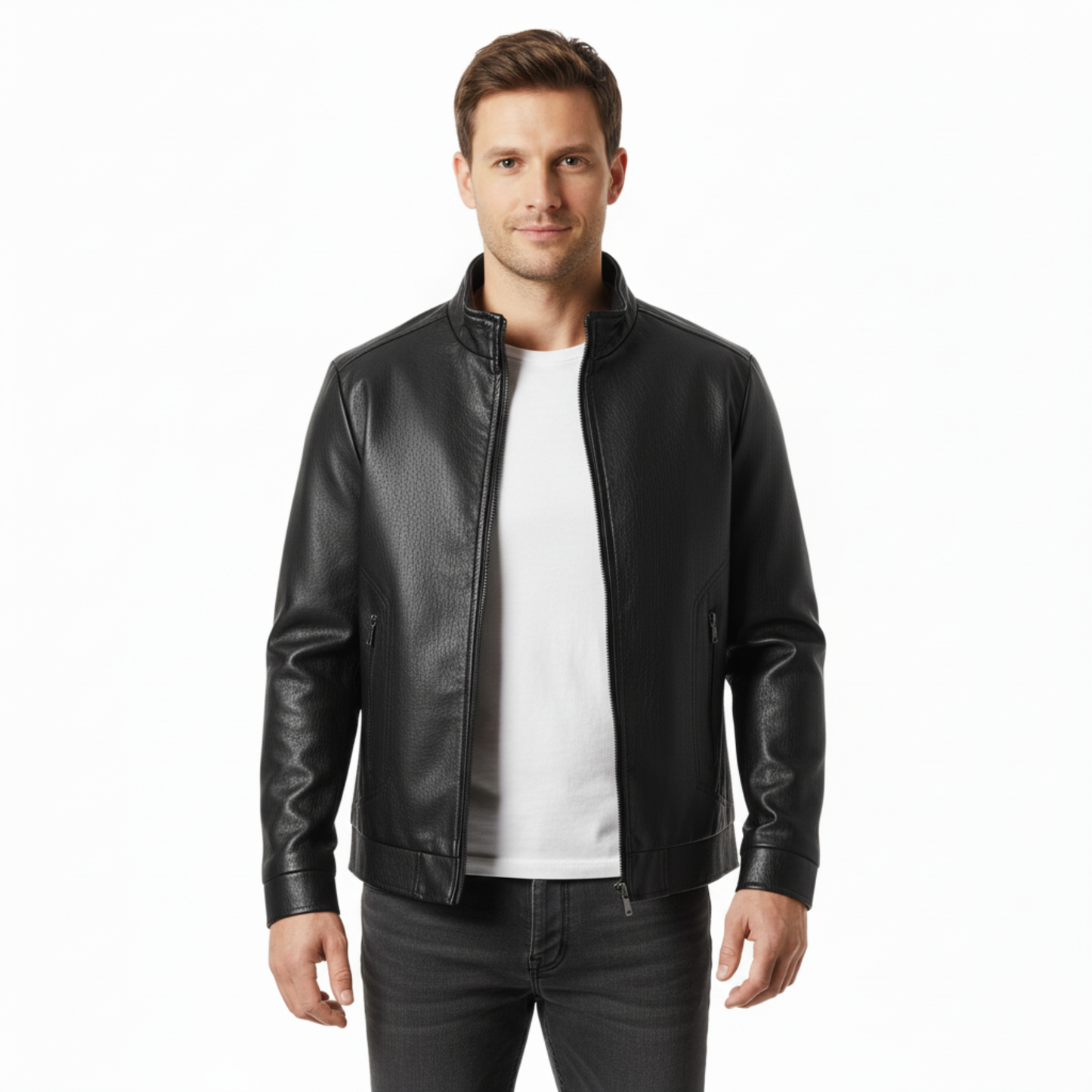 Veste en Cuir Italien pour Homme avec Fermeture Éclair et Poignets Nervurés