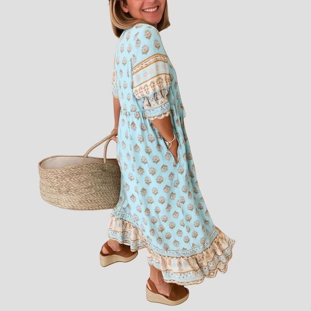 Boho-Midi-Kleid für Damen mit Taschen