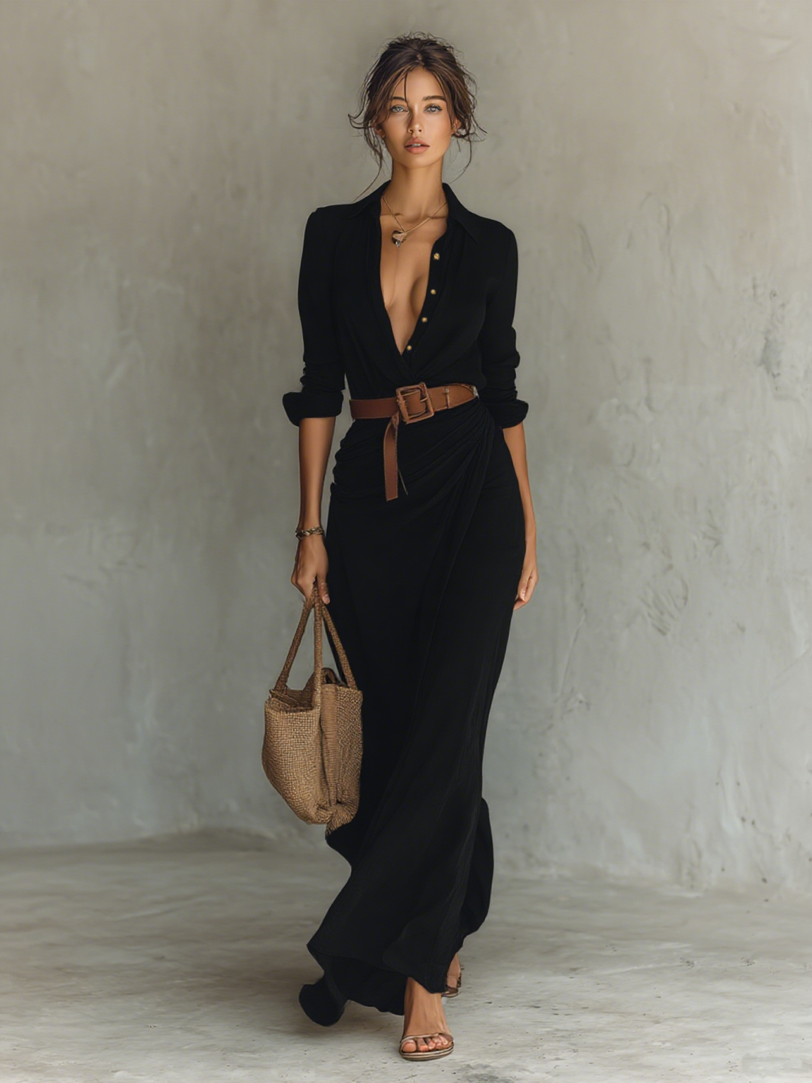 Robe Maxi Longue avec Col et Ceinture Inclus