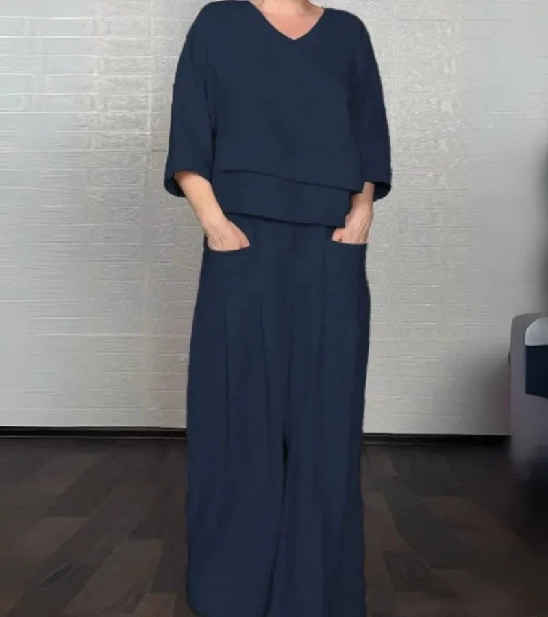 Sonja | Elegant women's outfit with asymmetric top and wide-leg trousers