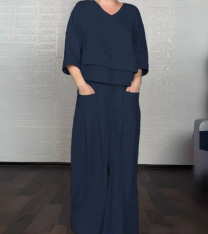 Sonja | Elegant women's outfit with asymmetric top and wide-leg trousers