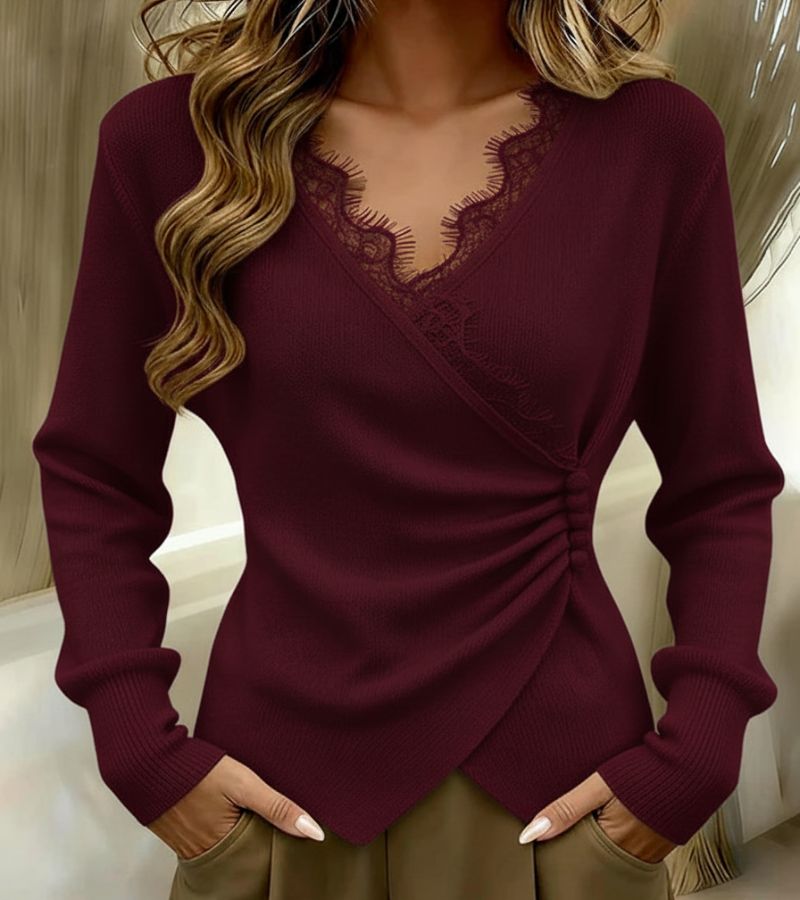 Top Tricot Élégant Col V Femme – Haut à Nœud Asymétrique avec Bordure en Dentelle