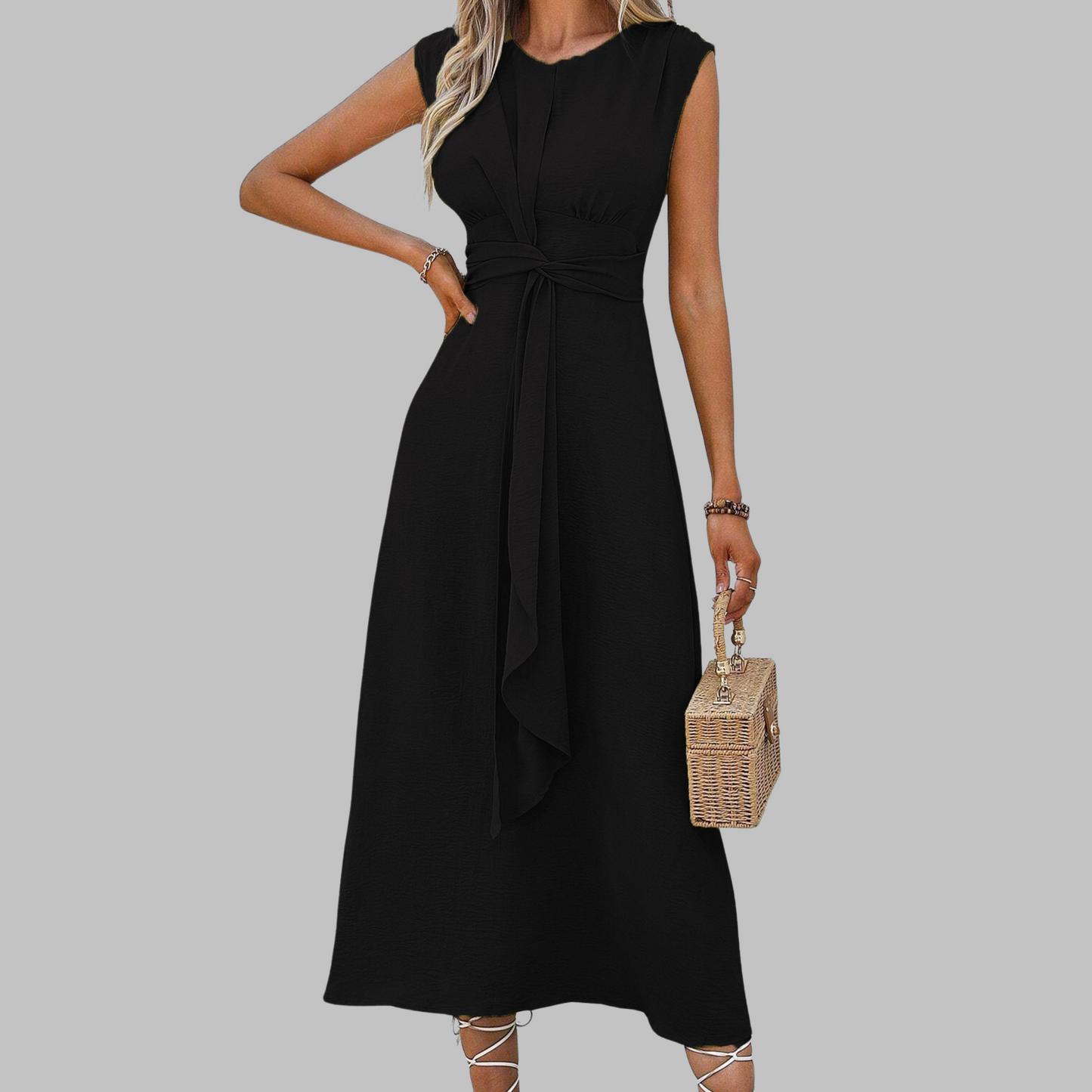 Women's Belted Midi Dress Sleeveless Round Neck A-Line