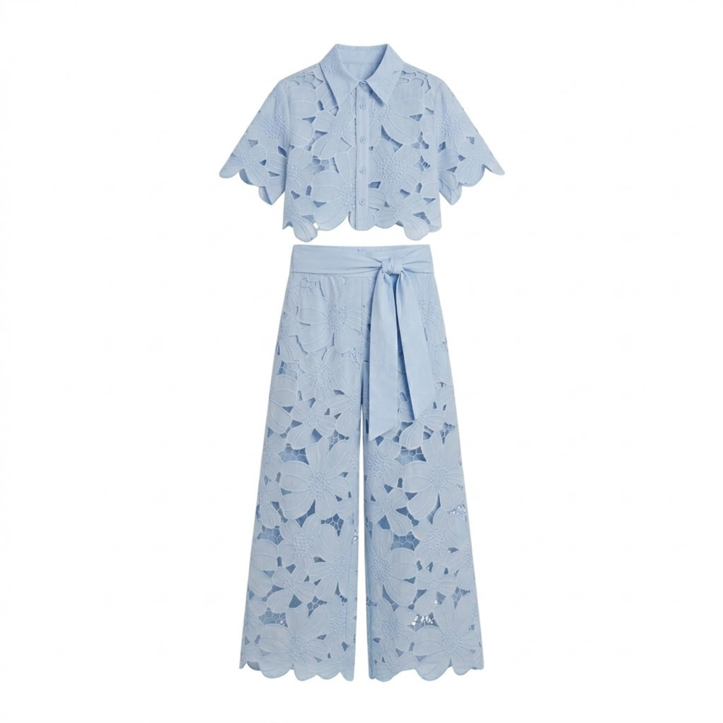 Ensemble Deux Pièces Femme avec Haut Court en Dentelle et Pantalon Large