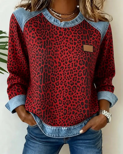 Averelisse - Casual Jeans Patchwork Leoprint Trui