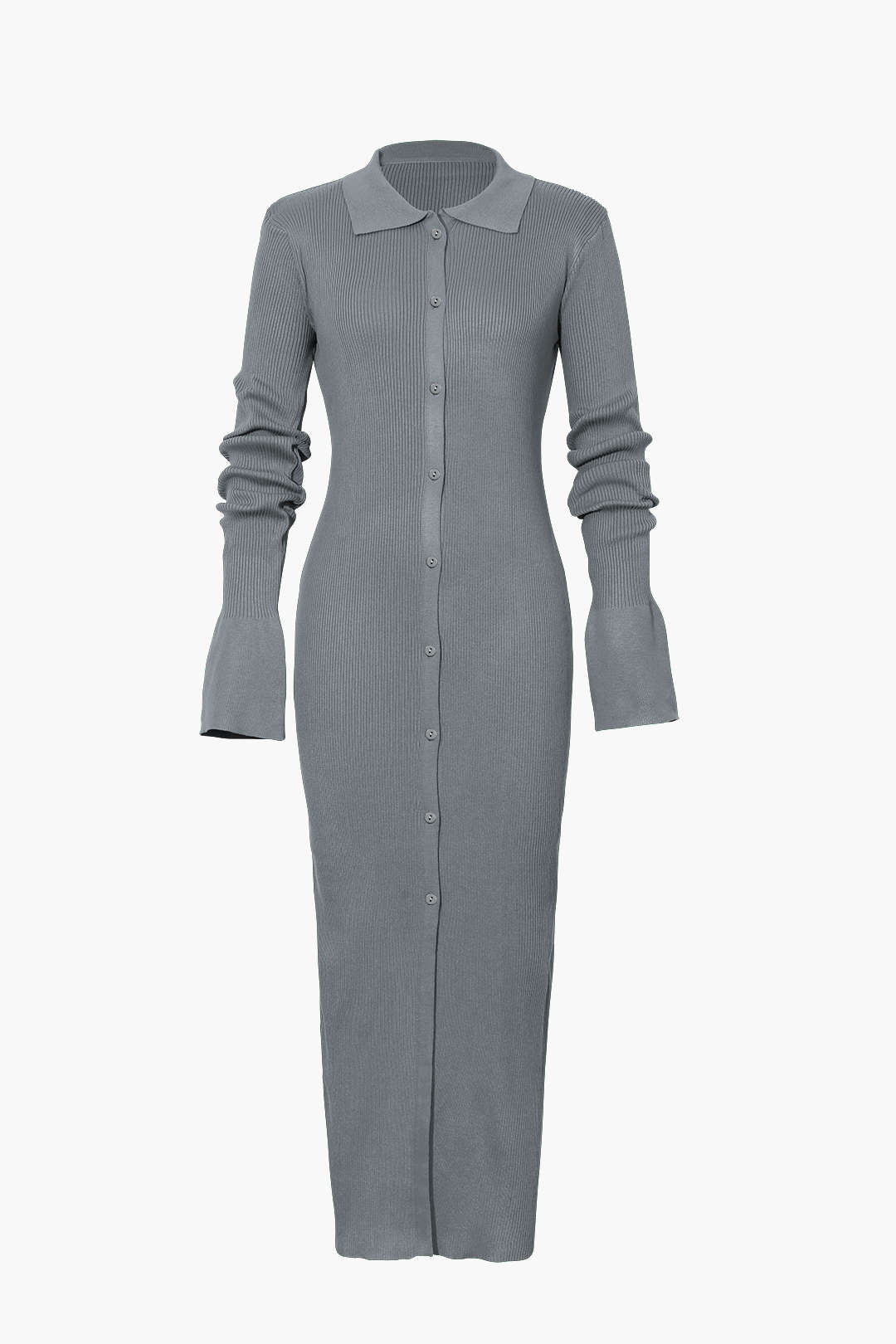 Shell Sleeve Ribbed Buttons Down Maxi Dress Mesh