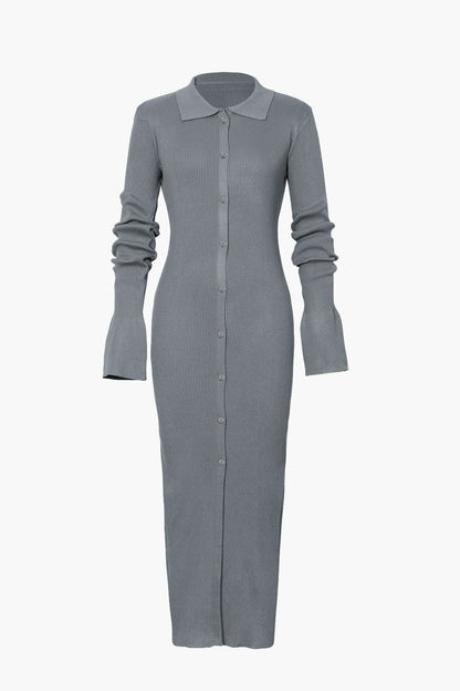 Shell Sleeve Ribbed Buttons Down Maxi Dress Mesh