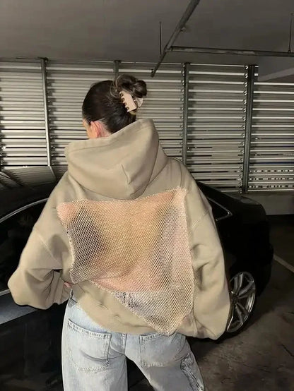 Yasmina – Rückenfreier Masche Glitzer Kapuzenpullover