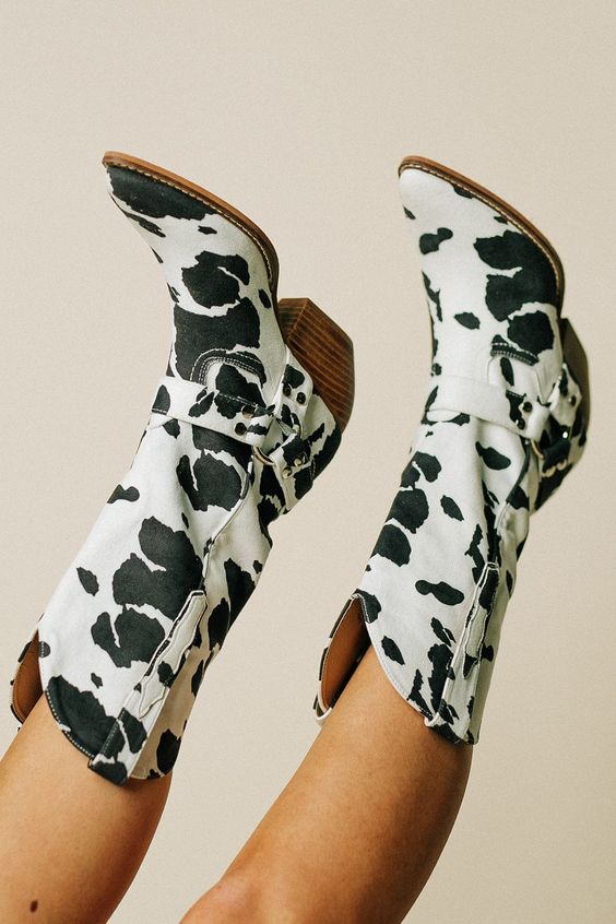 Leather Cow Print Western Boots Spring Fashion Harness Ankle Boots