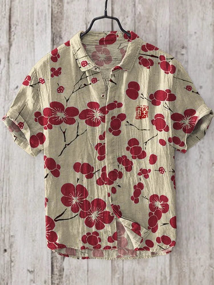 Kersen Bloesem Japanse Lino Kunst Linnen Blend Shirt