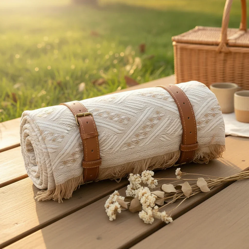 Waterproof Picnic Blanket – Large Woven Mat with PU-Leather Straps