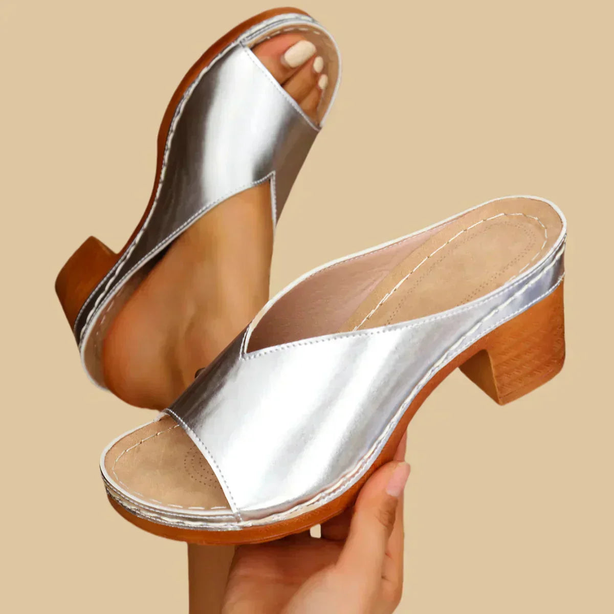 Women's Open Toe Slip On Block Heel Mules