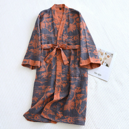 Couple’s Cotton Jacquard Bathrobe Set – Soft Loose Robes with Elegant Lace Trim