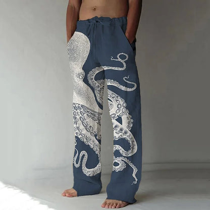 Japanse Art Octopus Print Casual Linnen Broek
