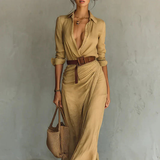 Damen-Maxikleid im Hemdstil mit Revers und Gürtel