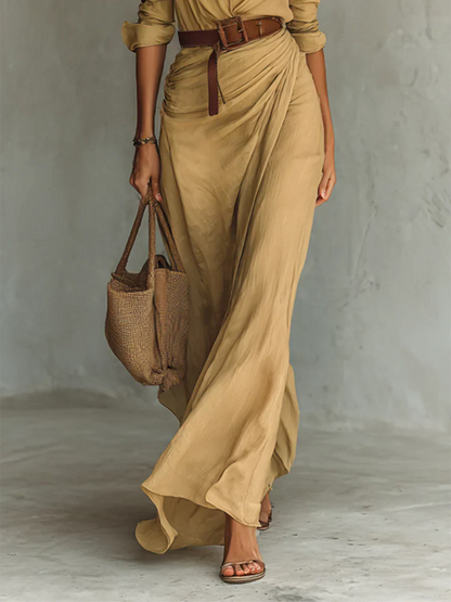Damen-Maxikleid im Hemdstil mit Revers und Gürtel