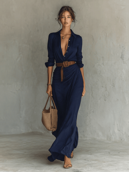 Allison - Lapel Belted Long Dress