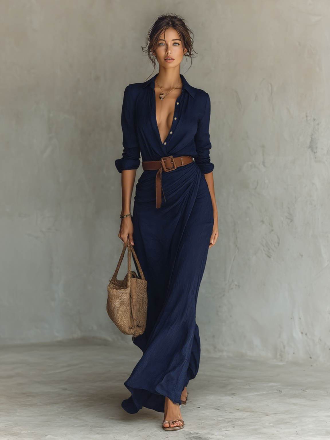 Elegant Long Maxi Dress with Notched Collar and Belt Included