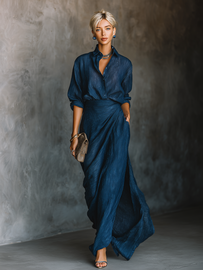 Chic Dark Blue Long Skirt and Shirt Set