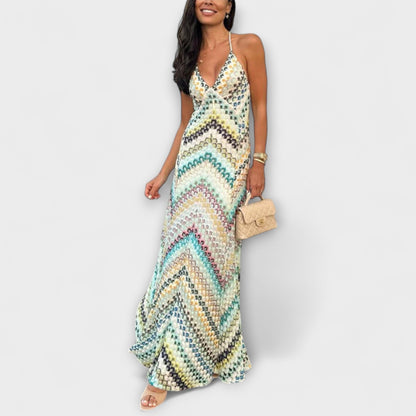 Buntes Fischgrätmuster Maxikleid – Strickkleid für Damen