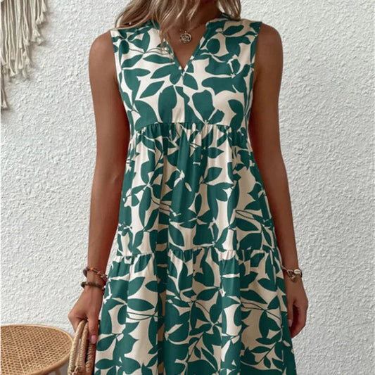 Damenkleid in A-Linie mit Blumenmuster und V-Ausschnitt