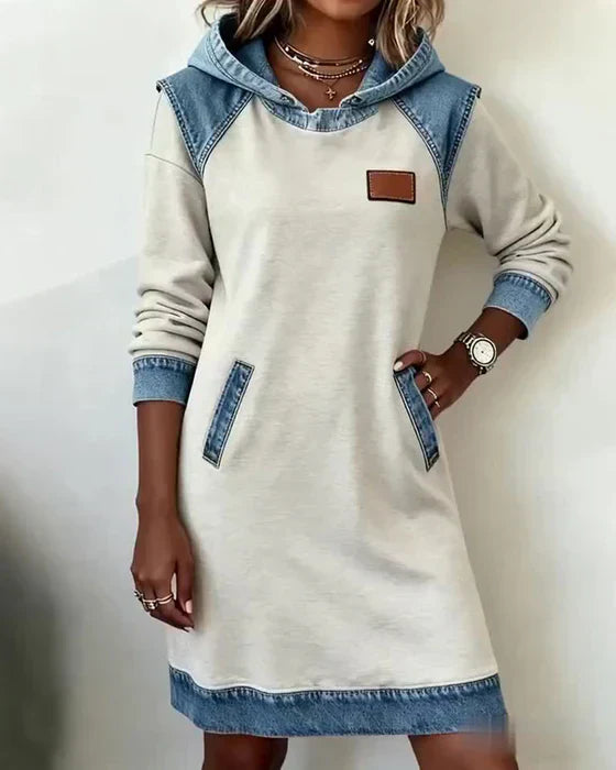 Hooded Sweatshirt Women Fleece Dress Denim Trim Hoodie
