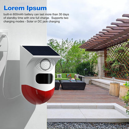 Zonne-energie Bewegingssensoralarm met 120 dB Sirene en LED-stroboscoop – Feronix