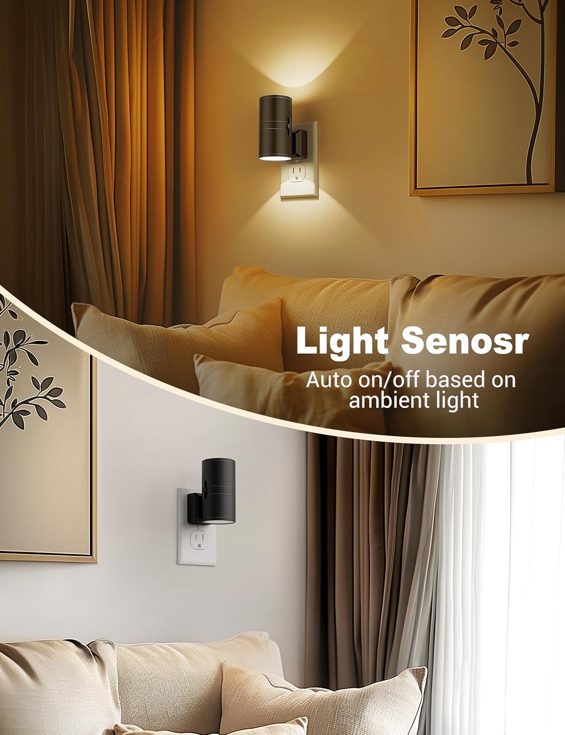 Plug-in LED Wall Light - Smart Ambient Sensor & Adjustable Brightness | Sleek Cylindrical Design with Glare-Free LED | Night Lighting for Hallways or Bedrooms